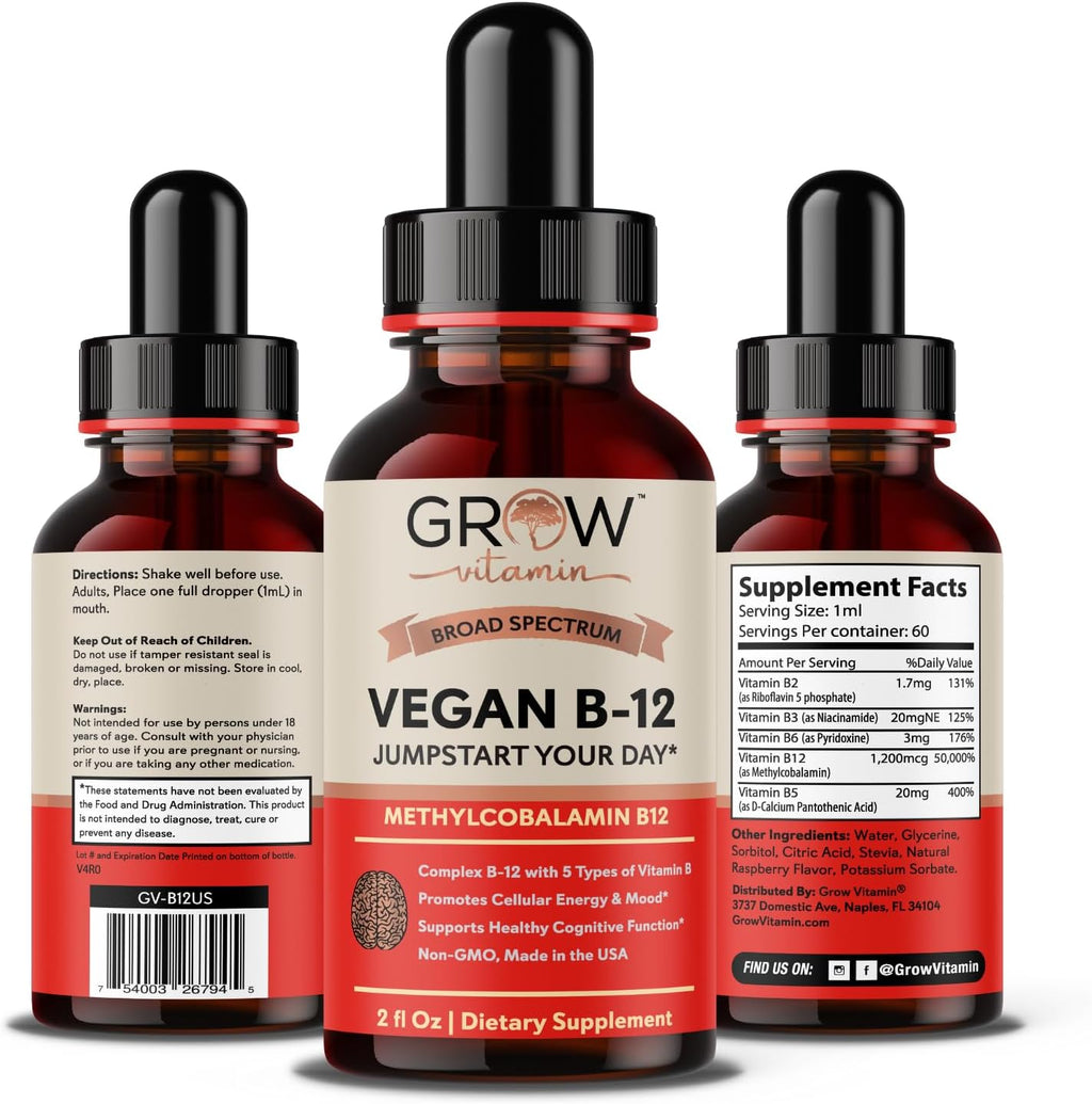 Grow Vitamin Complejo B12 Líquido Sublingual - Metilcobalamina Premium con Vitaminas B2, B3, B6 y B12 para Energía y Sistema Inmunitario
