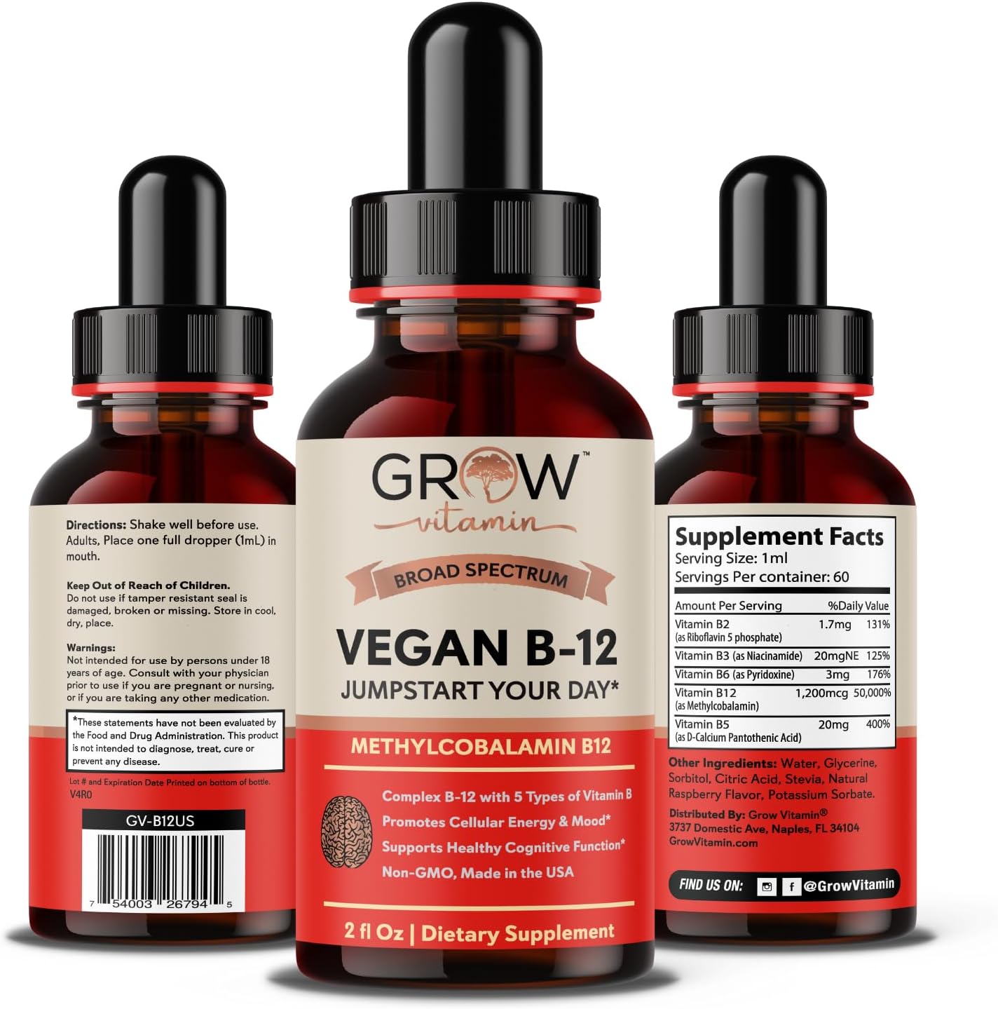 Grow Vitamin Complejo B12 Líquido Sublingual - Metilcobalamina Premium con Vitaminas B2, B3, B6 y B12 para Energía y Sistema Inmunitario