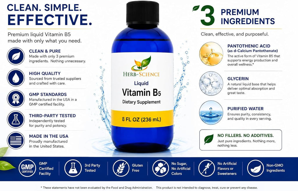 Líquido de Vitamina B5 (Ácido Pantoténico) – 192 Dosis – Alta Absorción – Vegano, Sin Alcohol, Sin OGM – 236 ml