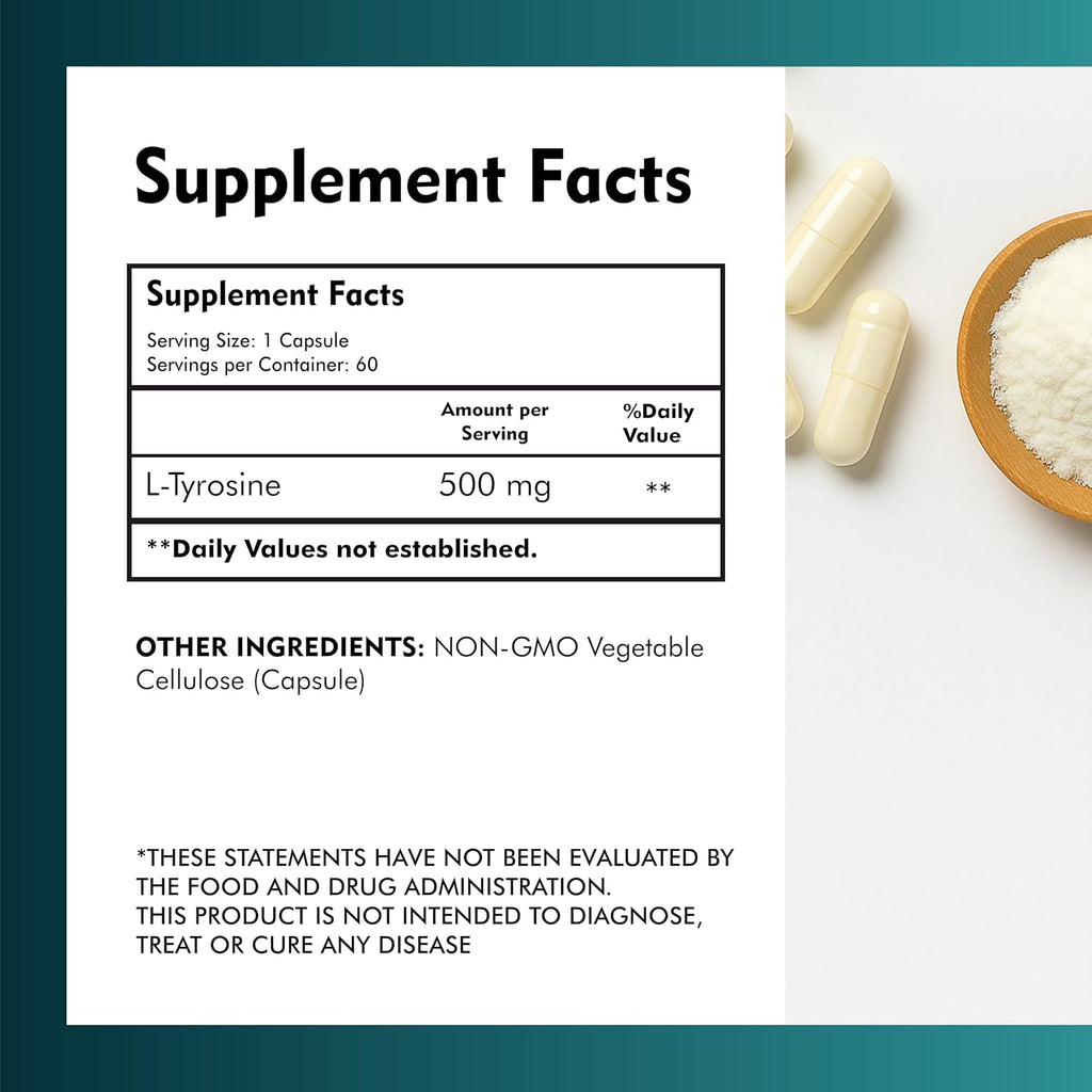 L-Tirosina 500mg – Suplemento Natural de L-Tirosina para Enfoque Mental y Energía – No GMO y Sin Gluten – 60 Cápsulas Veganas
