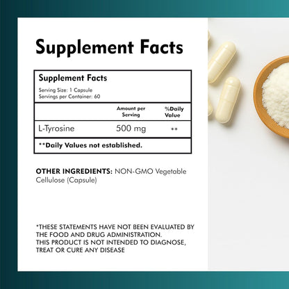L-Tirosina 500mg – Suplemento Natural de L-Tirosina para Enfoque Mental y Energía – No GMO y Sin Gluten – 60 Cápsulas Veganas – Image 3