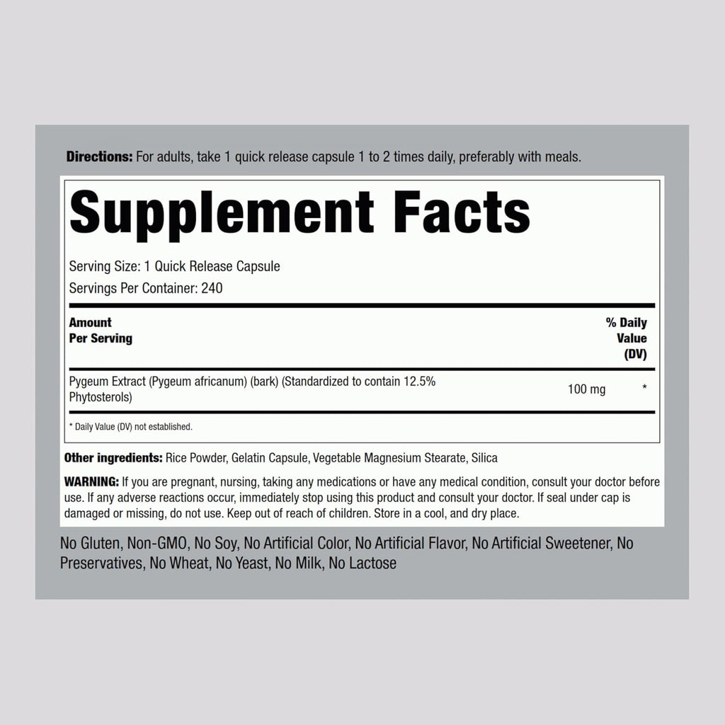 Piping Rock Pygeum Africanum 100 mg | 240 Cápsulas | Extracto Estandarizado