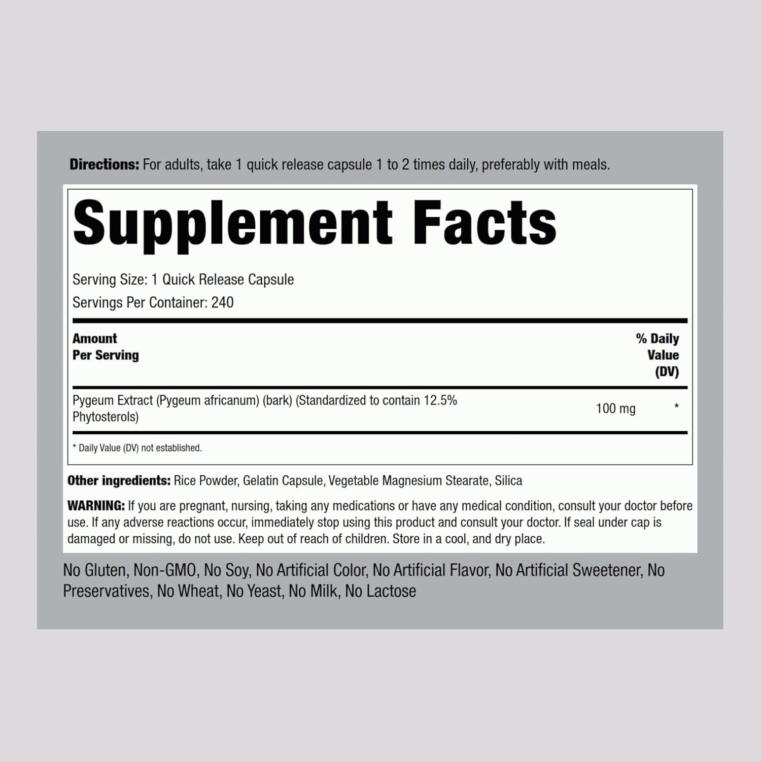 Piping Rock Pygeum Africanum 100 mg | 240 Cápsulas | Extracto Estandarizado