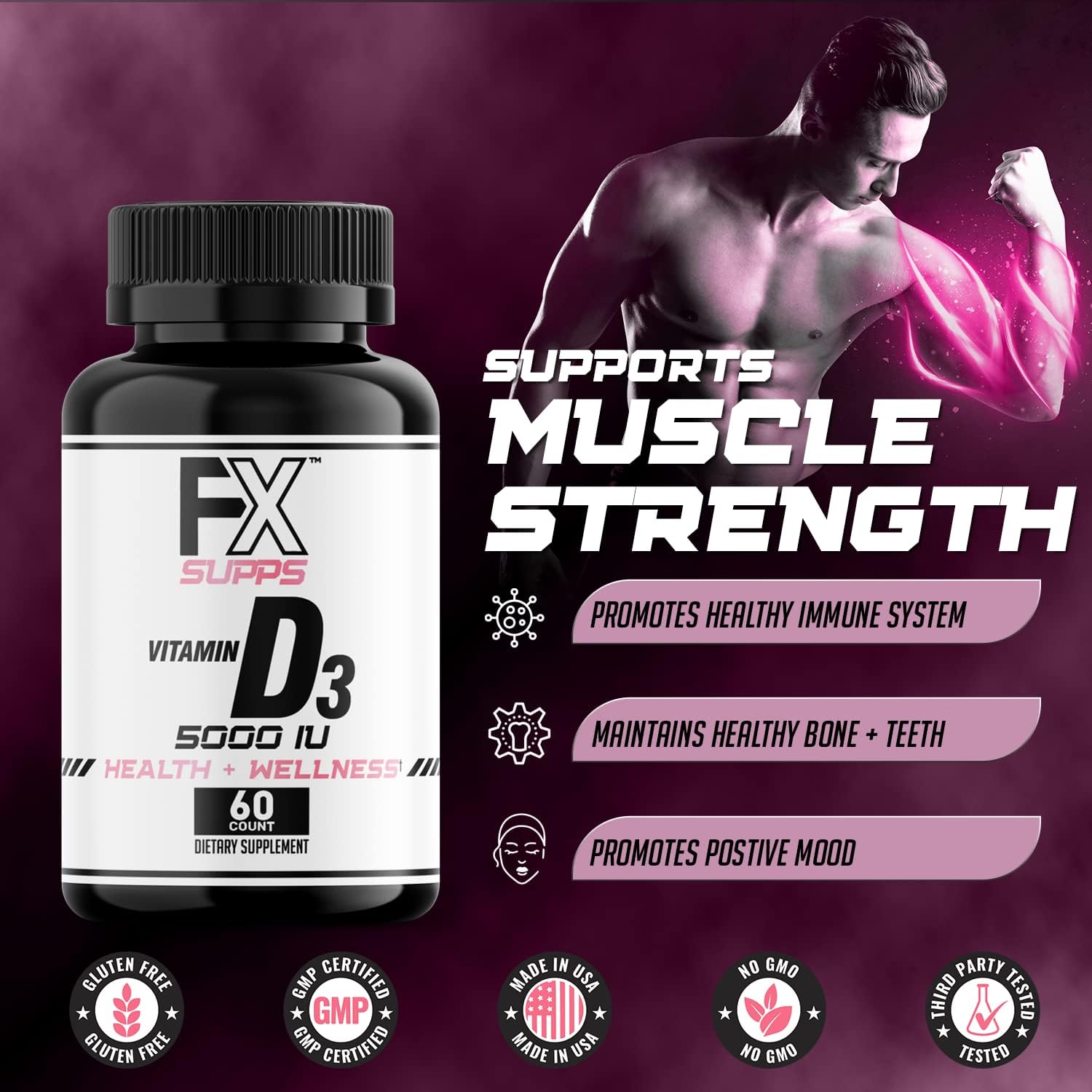 FXSUPPS Vitamina D3 5000 UI (60 Cápsulas Blandas) - Complemento Alimenticio con Colecalciferol