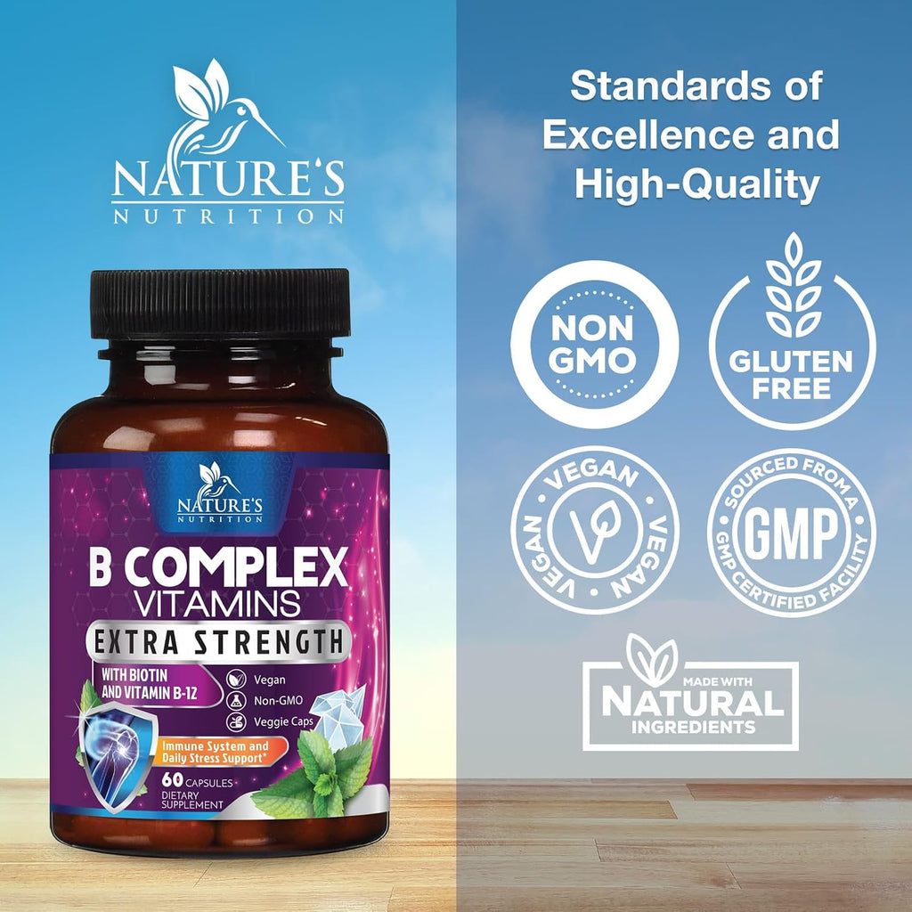 Nature's Nutrition Complejo B-100 Completo - Cápsulas con Vitaminas B12, B6, C, Biotina y Folato - 60 Cápsulas