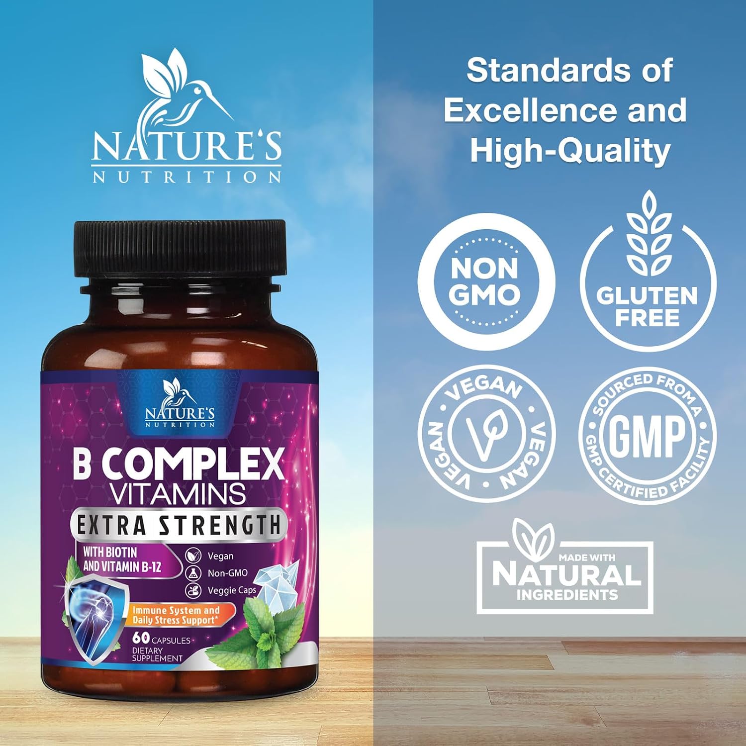 Nature's Nutrition Complejo B-100 Completo - Cápsulas con Vitaminas B12, B6, C, Biotina y Folato - 60 Cápsulas