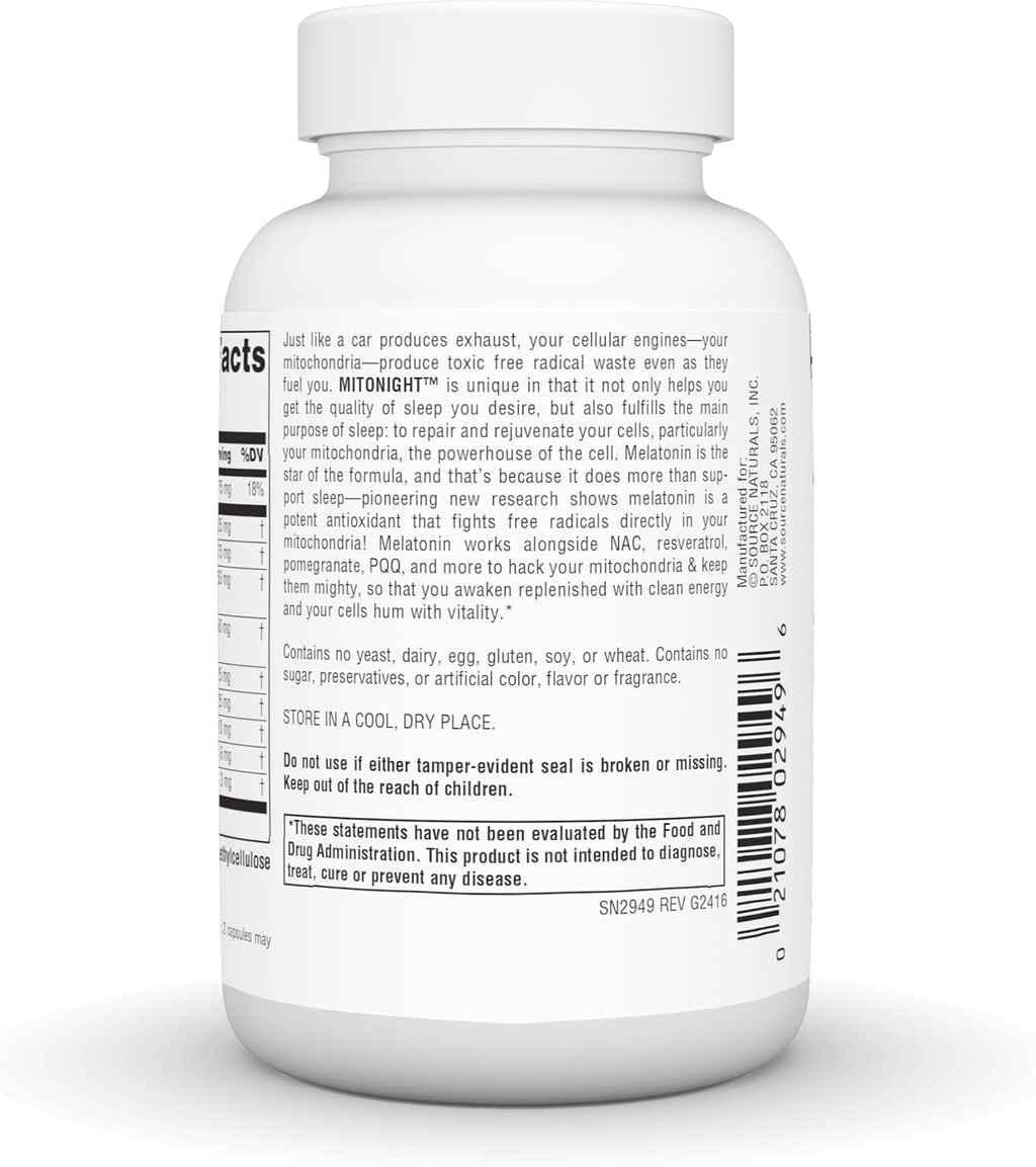 Source Naturals MitoNight® con Melatonina, Cuidado Nocturno para la Reparación Mitocondrial - 60 Cápsulas