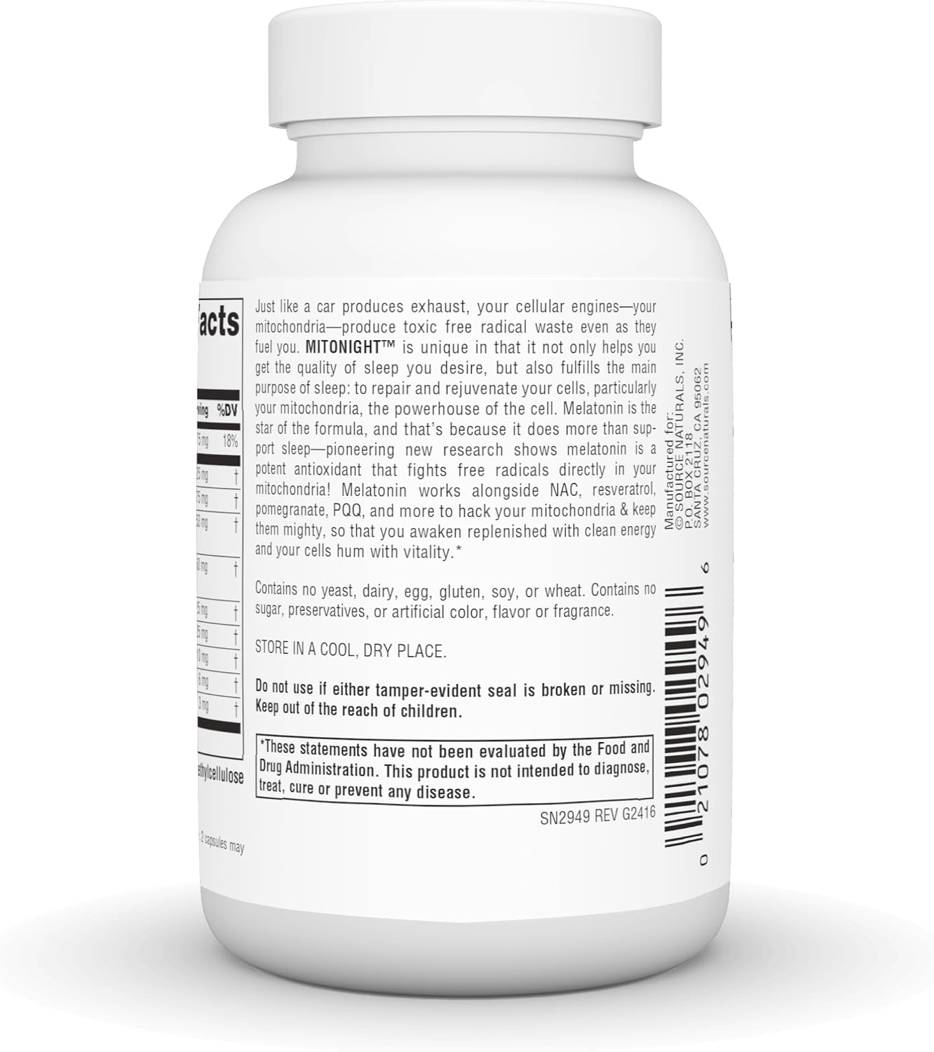 Source Naturals MitoNight® con Melatonina, Cuidado Nocturno para la Reparación Mitocondrial - 60 Cápsulas