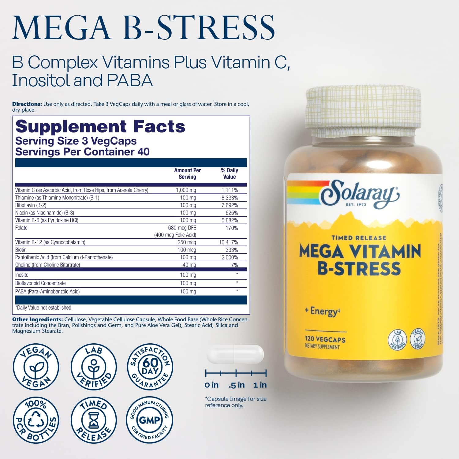 SOLARAY Mega Vitamina B-Estrés, complejo B de liberación prolongada con 1000 mg de vitamina C, 120 cápsulas veganas