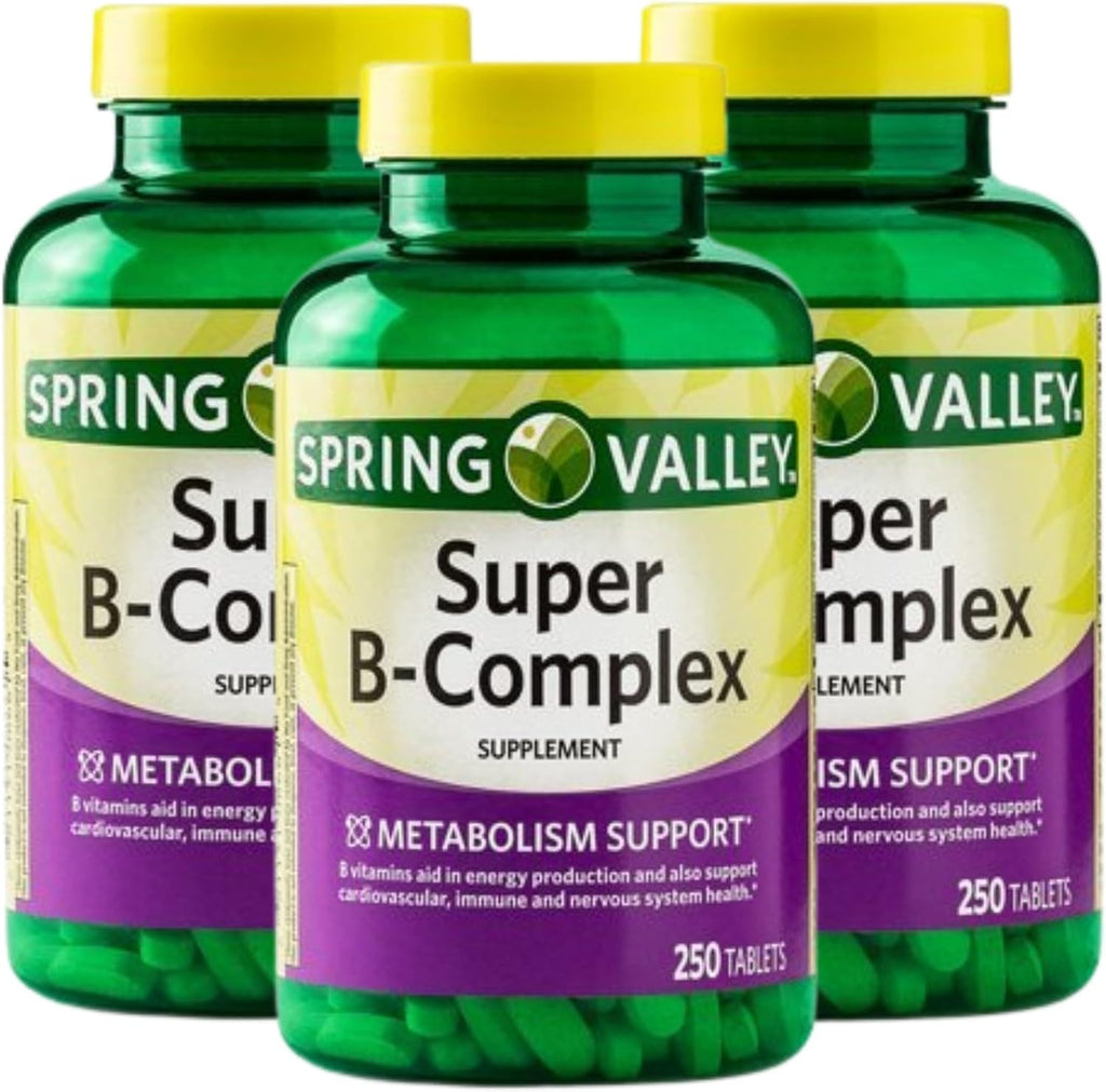 Super Vitamin B Complex – 250 Comprimidos, Complejo B, B12, B6, Biotina, Folato (Pack de 3)