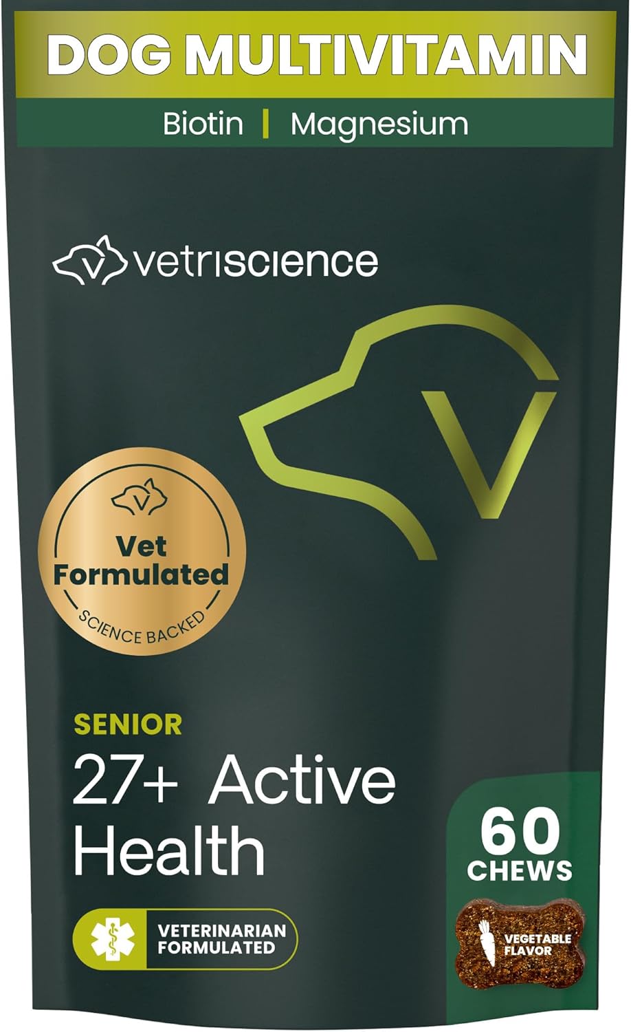 VetriScience Senior 27+ Active Health Chews - Multivitamínico para Perros Mayores - 60 Comprimidos Masticables Sabor Vegetal