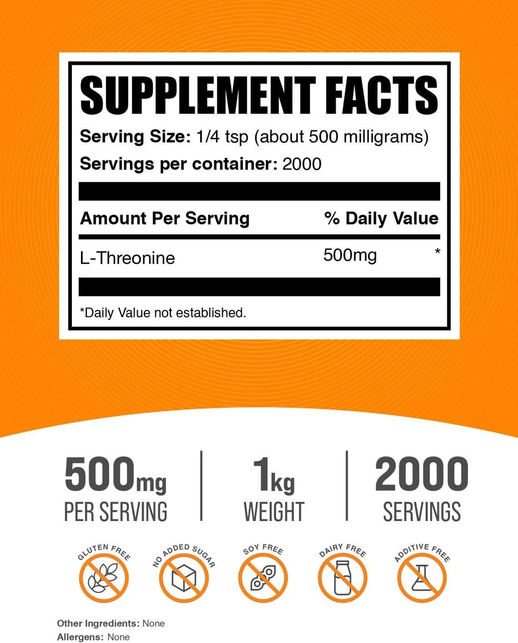 L-Treonina en Polvo - Suplemento de L-Treonina, 500mg por Ración, 1kg (2.2 lbs)