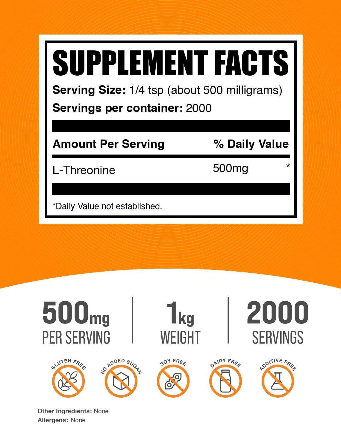 L-Treonina en Polvo - Suplemento de L-Treonina, 500mg por Ración, 1kg (2.2 lbs)