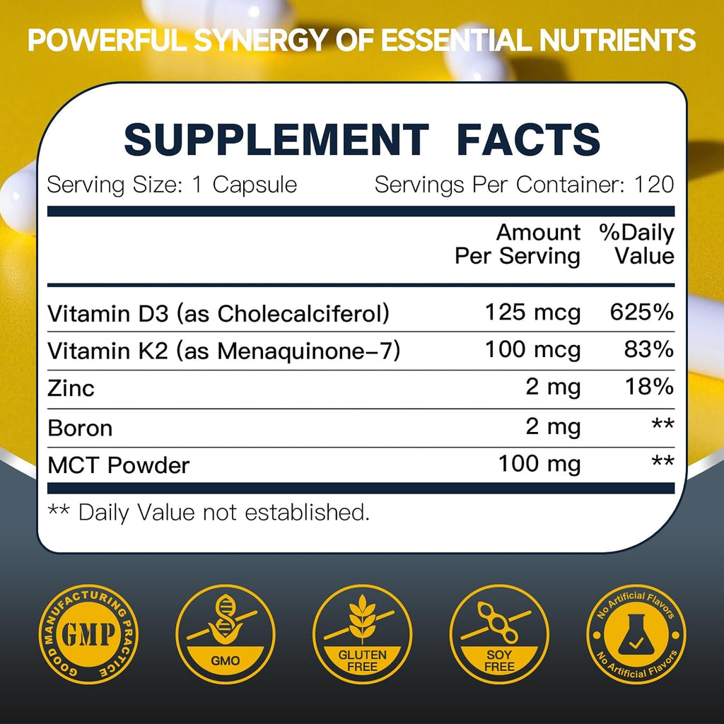DRFOSTER Vitamina D3 K2 – Alta Potencia 125mcg D3 (5000UI) y 100mcg K2 (MK7) – Salud Ósea, Corazón e Inmunidad – Mejorado con Zinc, Boro y MCT – 120 Cápsulas Veganas, No GMO, Sin Gluten