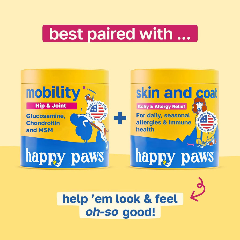 Happy Paws Suplemento para la Piel y el Pelaje de Perros, Apoyo para Picor y Alergias, Confort para Piel Seca y Control de Caída del Pelo con Aceite de Coco y Vitamina B12, Sabor a Pollo Vegano, 100 Masticables