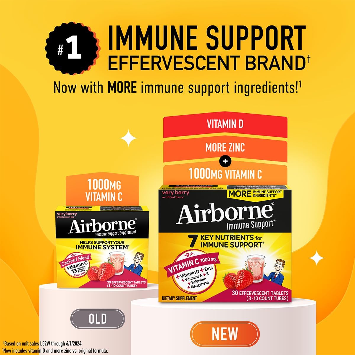 Airborne 1000mg Vitamina C con Vitamina D + Zinc Multivitamínico Sin Azúcar Comprimidos Efervescentes Sabor Very Berry, 30 Comprimidos (2 Pack)
