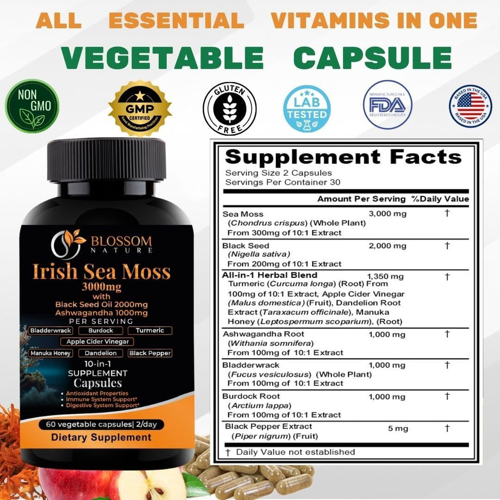 10-en-1 Irish Sea Moss Cápsulas Vegetales 3000mg con Aceite de Semilla Negra, Ashwagandha, Bladderwrack, Bardana, Cúrcuma, Vinagre de Manzana, Miel de Manuka, Diente de León y Pimienta Negra - Fabricado en EE. UU.