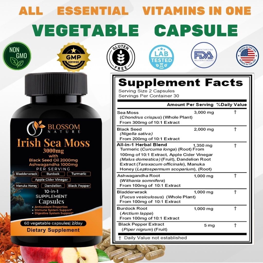 10-en-1 Irish Sea Moss Complejo Multivitamínico 3000mg con Ashwagandha y Cúrcuma - Cápsulas Veganas