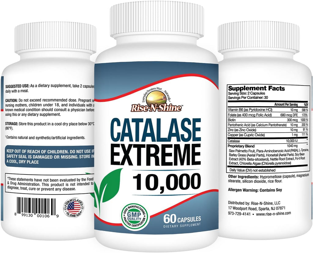 Rise-N-Shine Catalase Extreme 10,000 con Saw Palmetto, Biotina, Fo-Ti, PABA - Suplemento para el Cabello - 60 Cápsulas