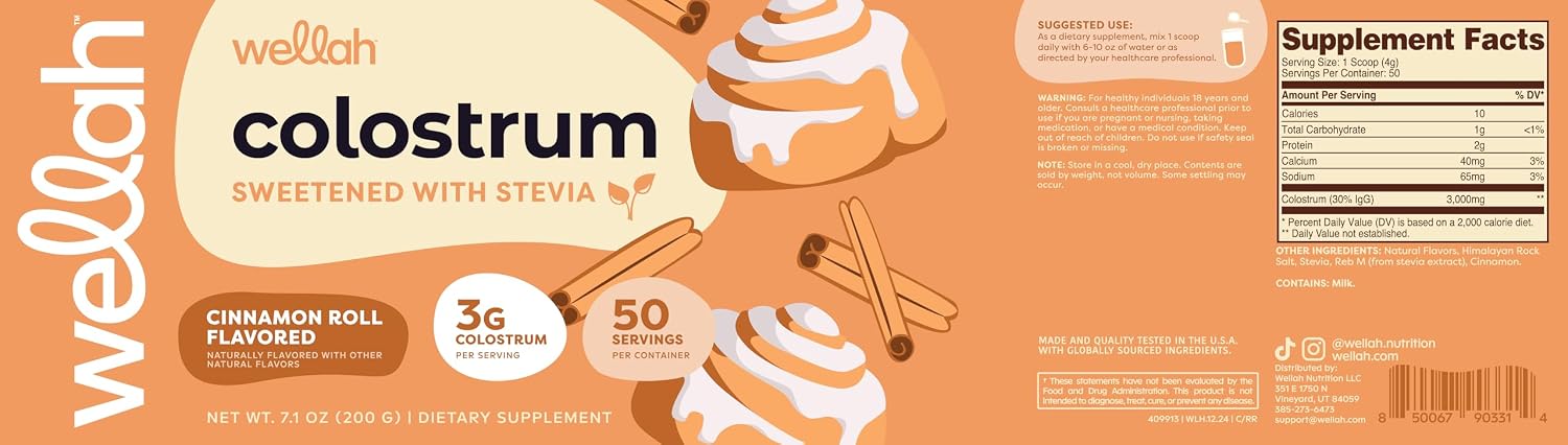 Wellah Calostro Sabor Rollo de Canela (50 porciones) - Endulzado con Stevia, 3g de Calostro por Porción