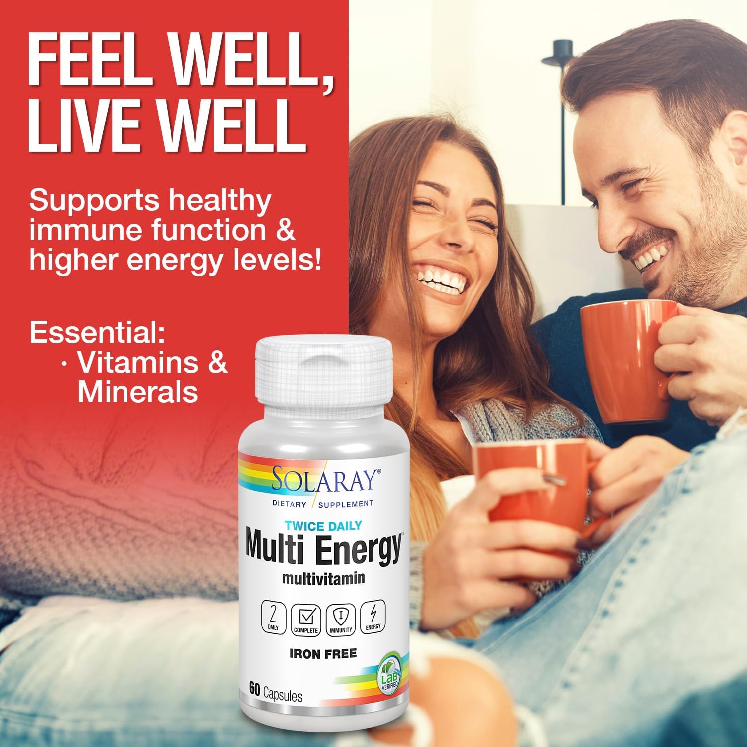 SOLARAY Twice Daily Multi Energy Multivitamínico Sin Hierro | Complejo Multivitamínico para Energía e Inmunidad | Non-GMO | 120 Cápsulas