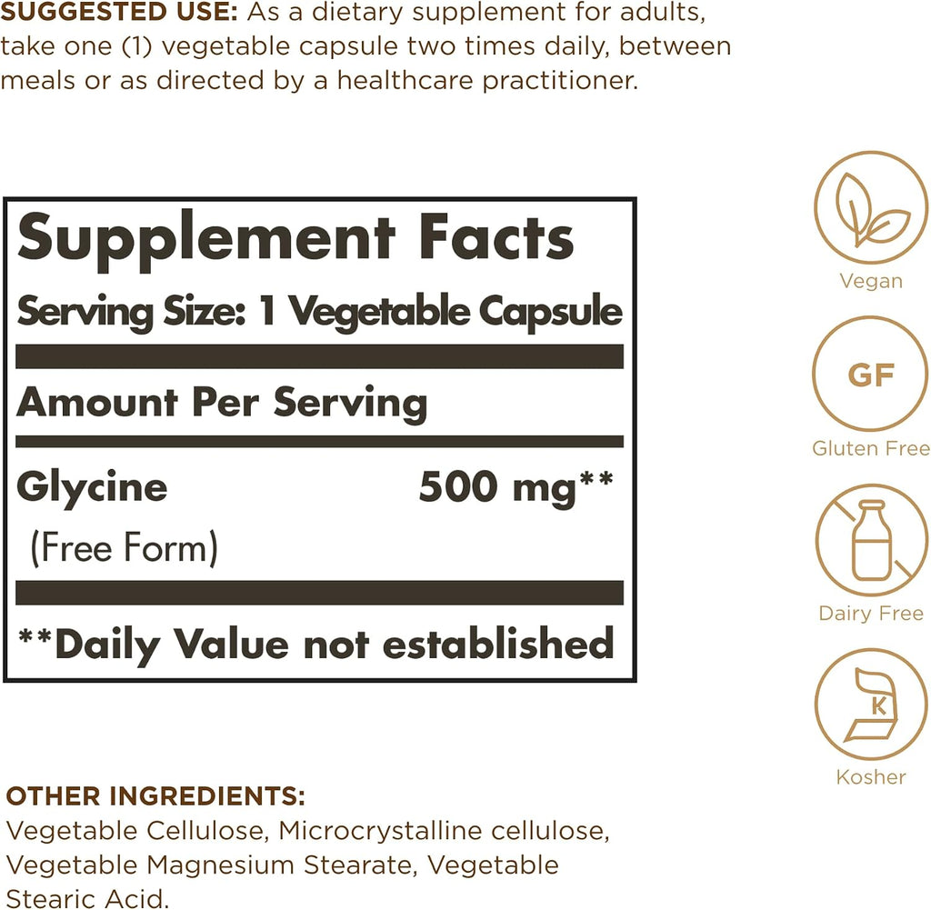 Solgar Glicina 500 mg - 100 Cápsulas Vegetales - Sin Gluten, Vegano, Kosher