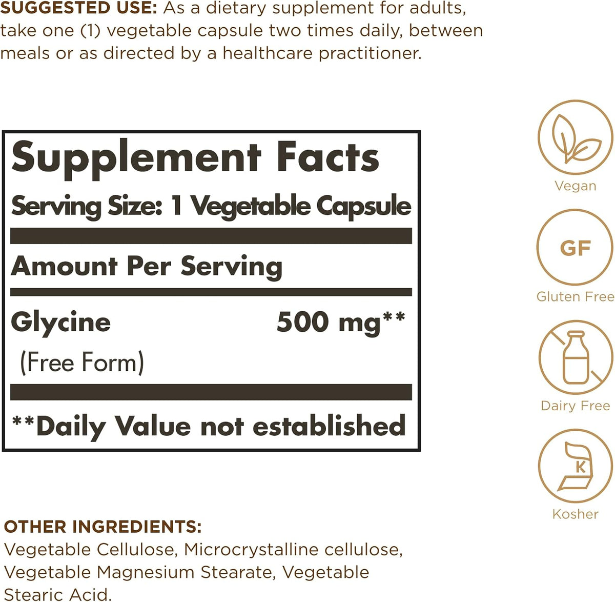 Solgar Glicina 500 mg - 100 Cápsulas Vegetales - Sin Gluten, Vegano, Kosher – Image 2