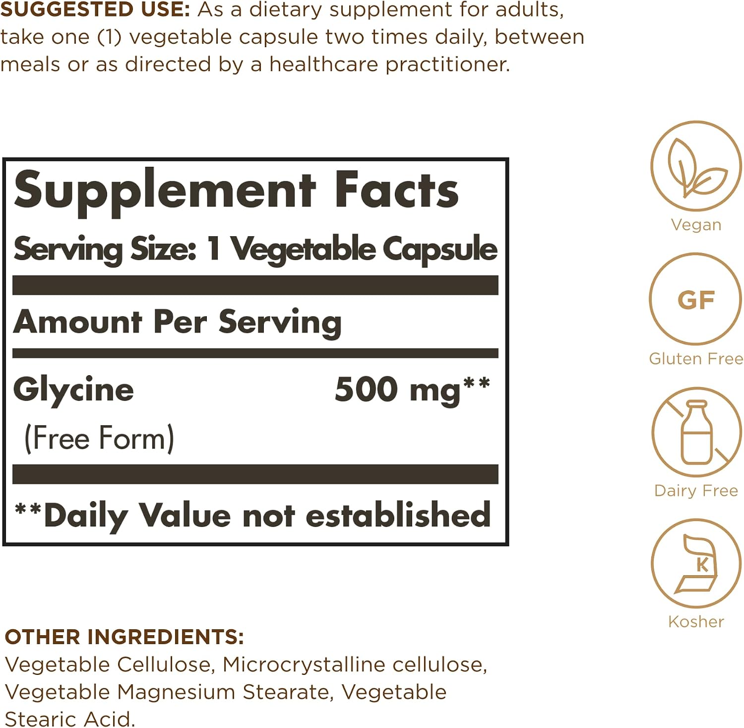 Solgar Glicina 500 mg - 100 Cápsulas Vegetales - Sin Gluten, Vegano, Kosher