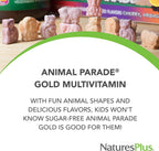 NaturesPlus Animal Parade Gold Multivitamínico Infantil - 120 comprimidos masticables - Sabores cereza, naranja y uva - Vegetariano, sin gluten