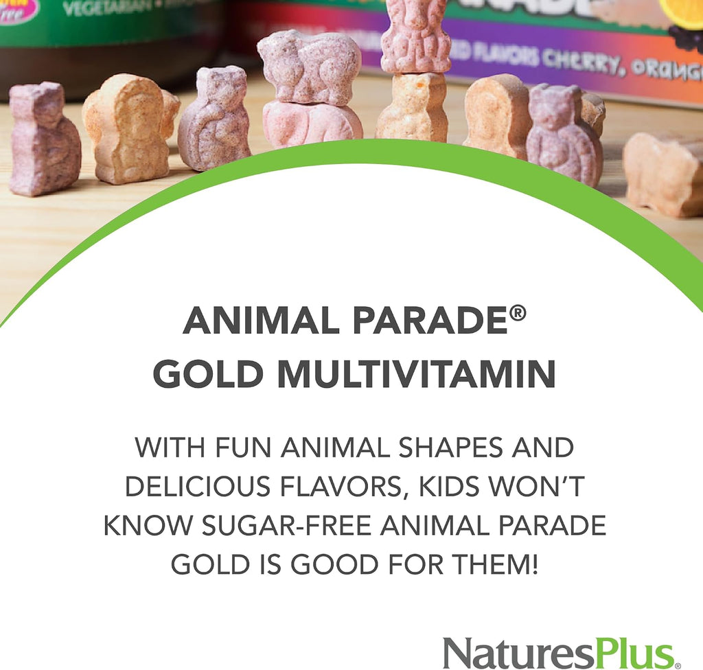 NaturesPlus Animal Parade Gold Multivitamínico Infantil - Paquete de 4 (240 Comprimidos Masticables) - Sabores a Cereza, Naranja y Uva