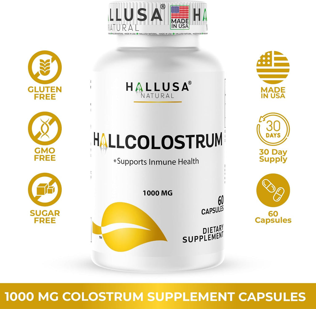 Hallusa Natural Cápsulas de Colostro 1000 mg | Apoyo Inmunológico, Salud Digestiva, Recuperación Muscular, Piel y Cabello, Energía | 60 Cápsulas