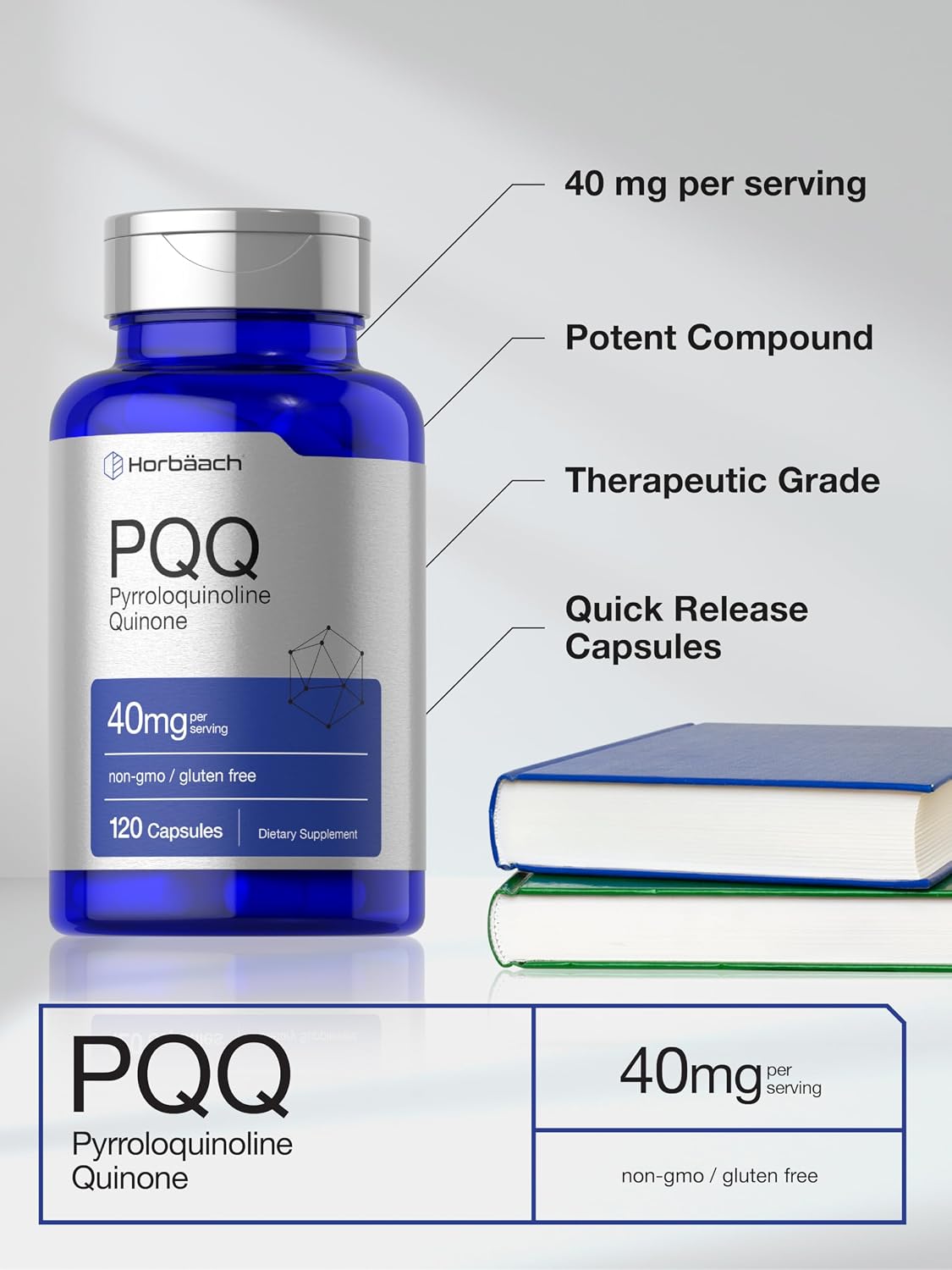 Horbäach Suplemento de PQQ 40 mg | 120 Cápsulas | Máxima Potencia | Sin Gluten y No-GMO
