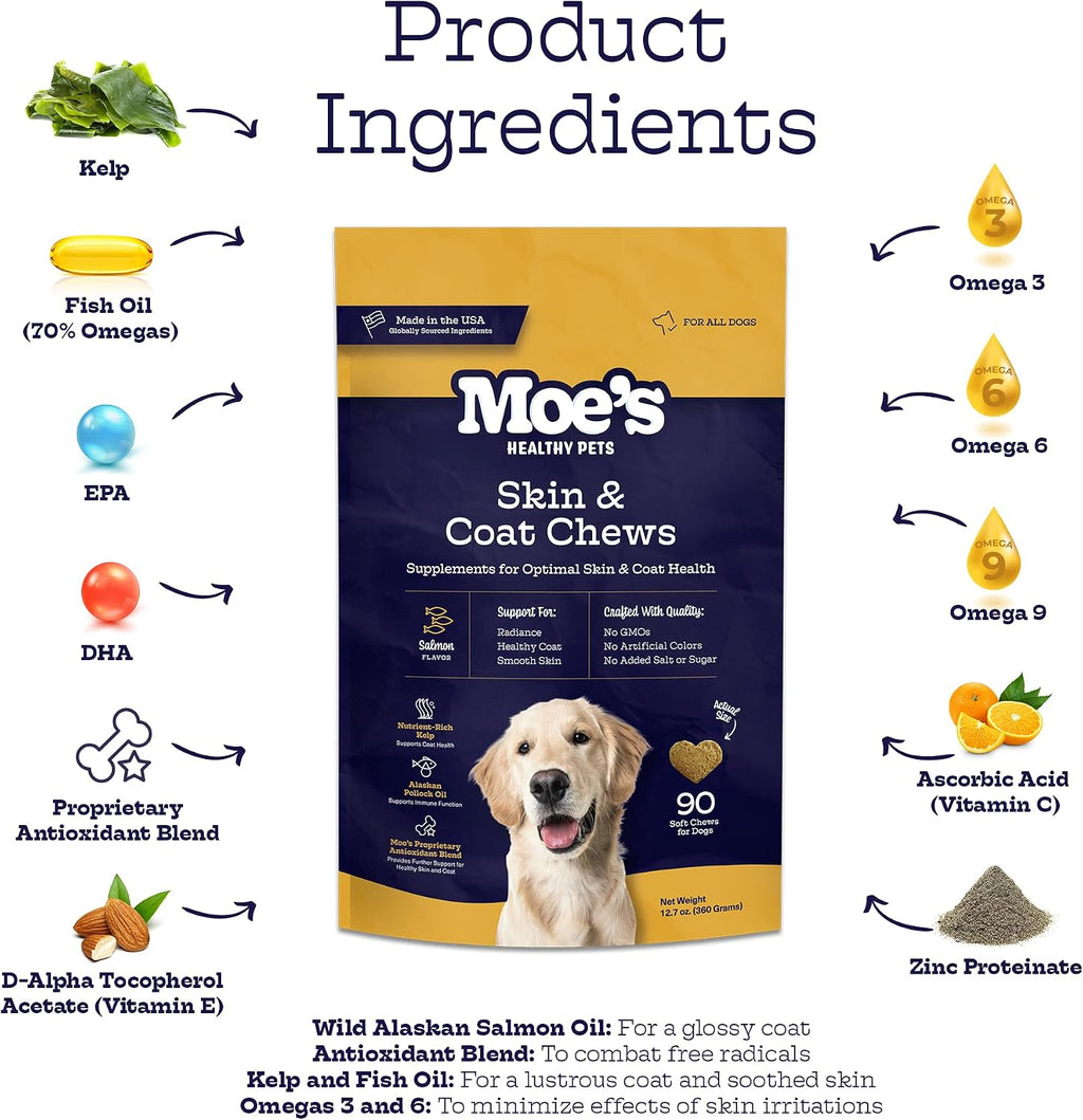 Moe’s Skin & Coat Omega 3, 6, 9 y Vitaminas para Perros - 90 Chews Blandos