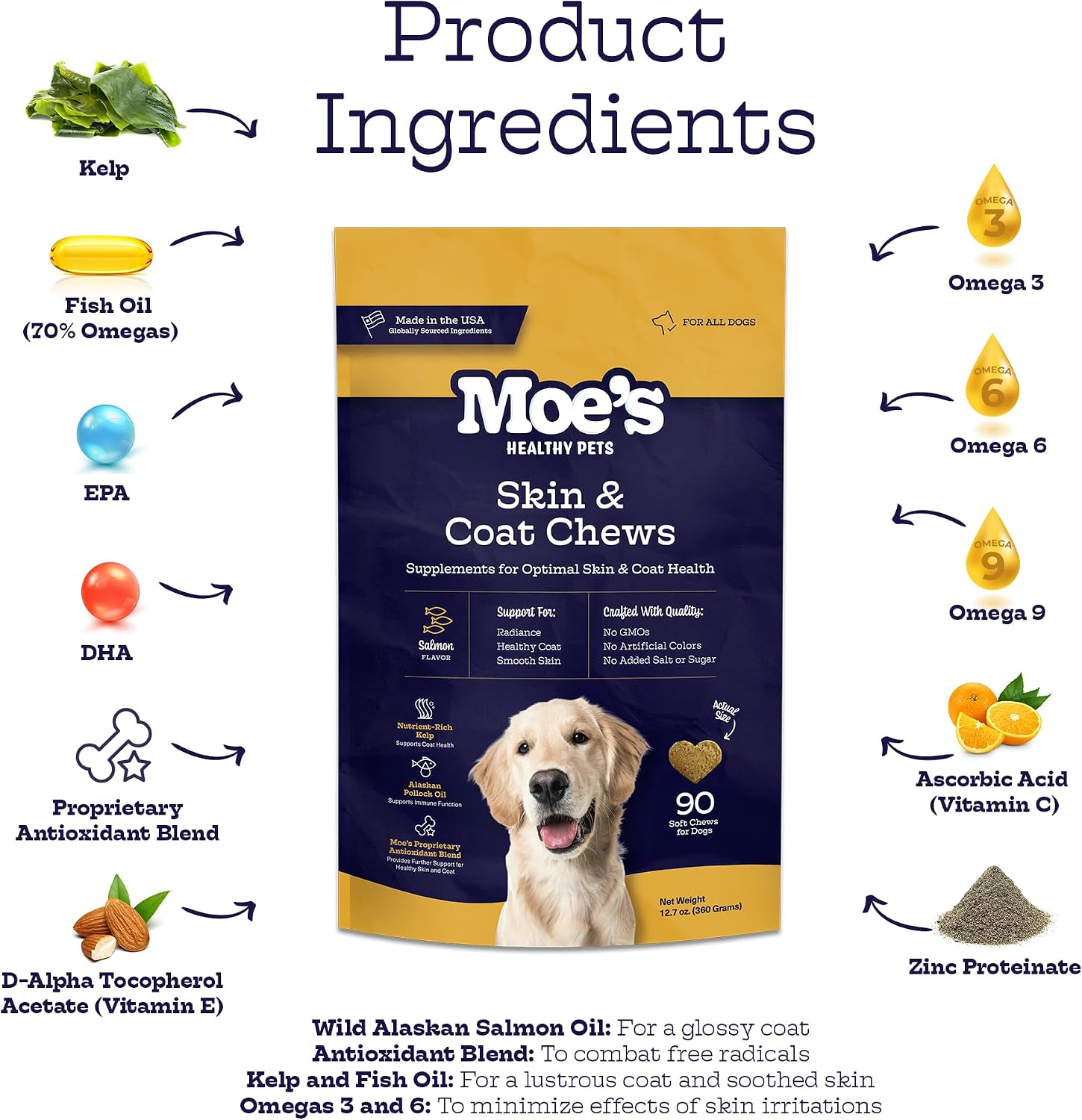 Moe’s Skin & Coat Omega 3, 6, 9 y Vitaminas para Perros - 90 Chews Blandos