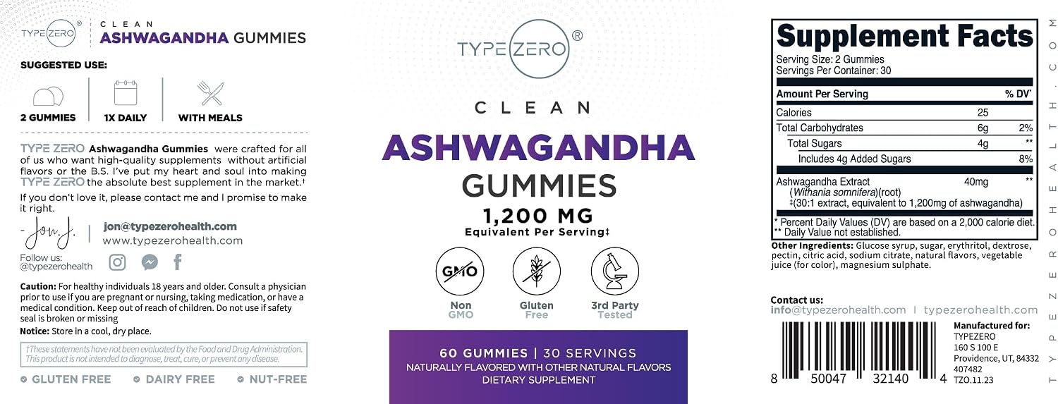Type Zero Ashwagandha Gummies 60 gominolas (30 dosis) - Sabor a bayas