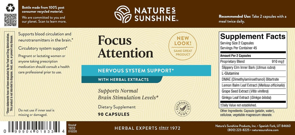 Nature's Sunshine Focus Attention - 90 Cápsulas - Apoyo Cognitivo y Circulación Cerebral