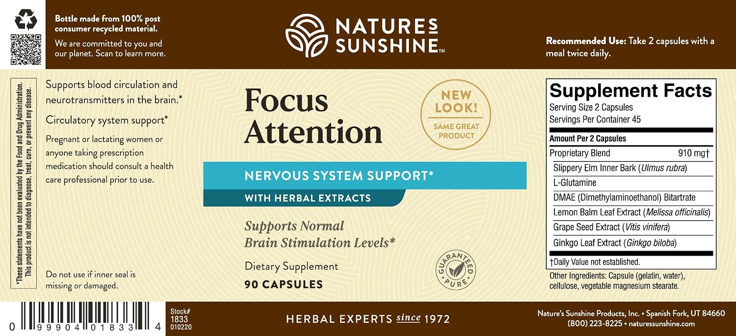 Nature's Sunshine Focus Attention - 90 Cápsulas - Apoyo Cognitivo y Circulación Cerebral