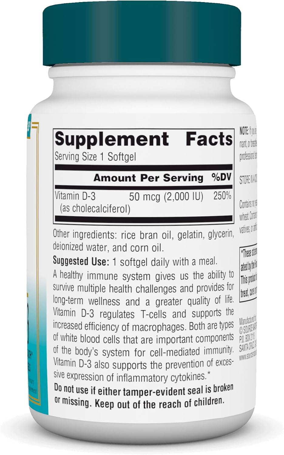 Source Naturals Wellness Vitamina D-3 2000 UI Forma Bioactiva para la Salud Inmunológica* - 200 Cápsulas Blandas
