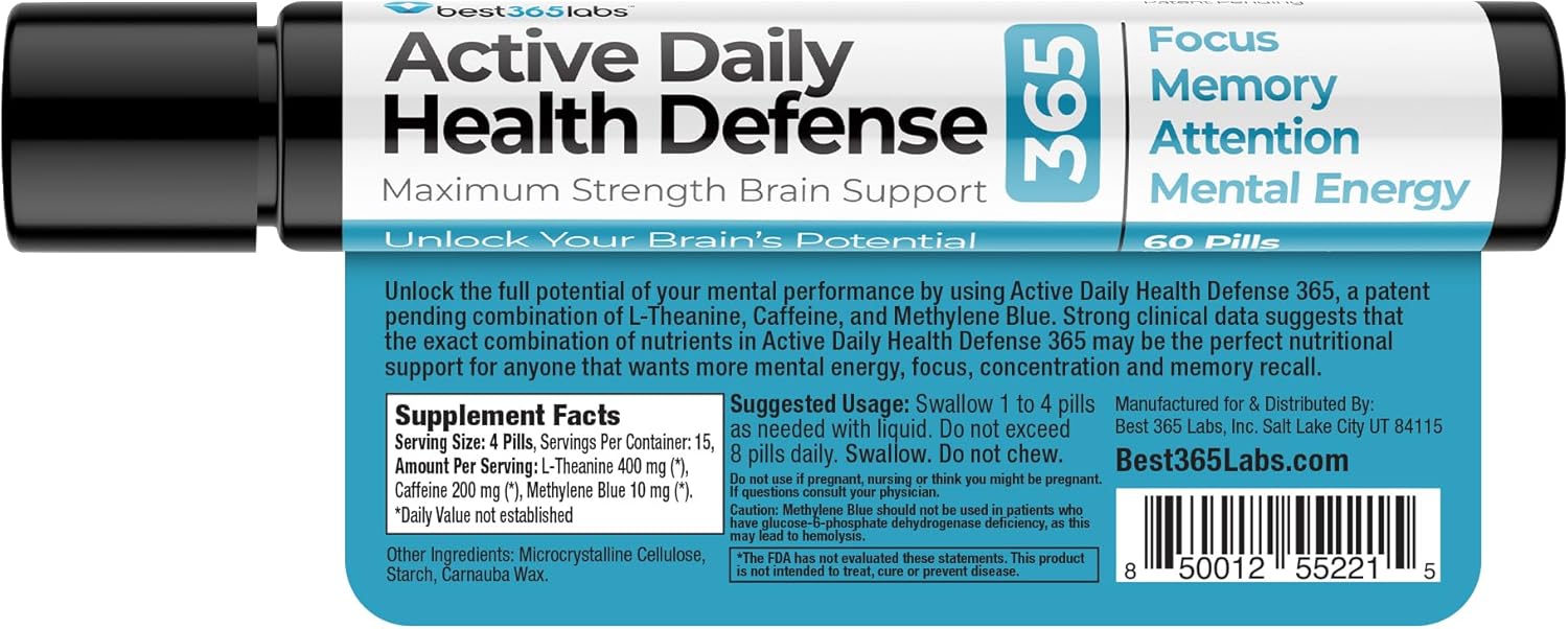 Best 365 Labs Maximum Strength Brain Support - Methylene Blue, Caffeine y L-Theanine - 60 Comprimidos