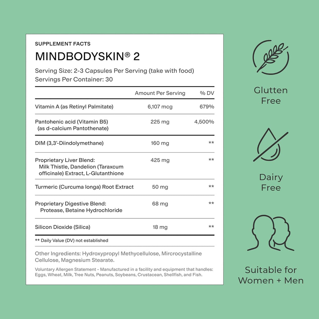 CLEARSTEM - MINDBODYSKIN Hormonal Acne Supplement (No 5-HTP) - Natural DIM Supplement - Skin Care Vitamins - Hormone Balance, Antioxidants - Gluten Free, Cruelty Free - 30 Servings, 90 Capsules