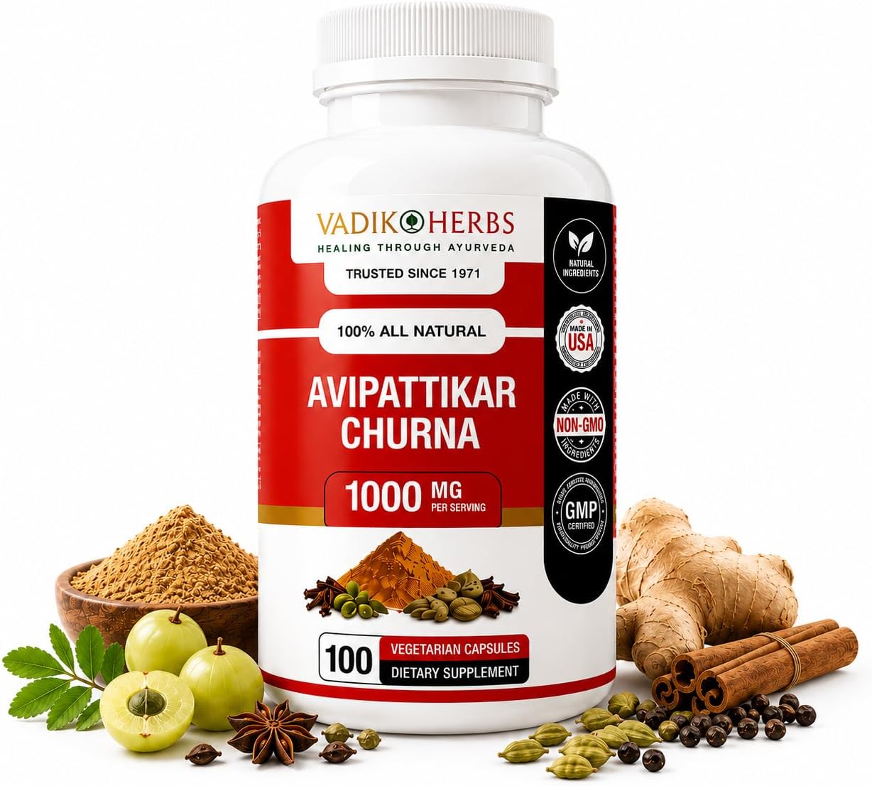 Vadik Herbs Avipattikar Churna, Amla Capsules con Pippali & Ginger - 100 Cápsulas