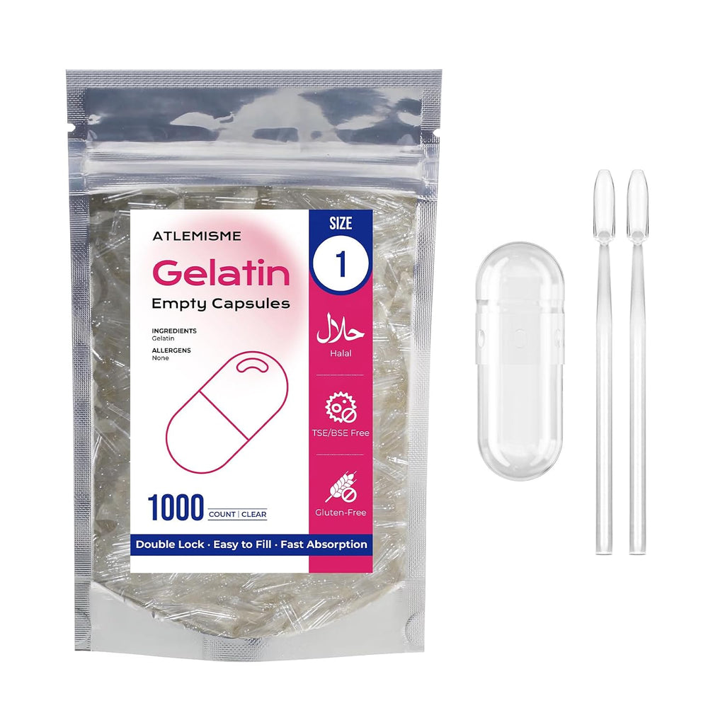 ATLEMISME Cápsulas de Gelatina Vacías Tamaño 1 (1000 uds) – Cápsulas para Rellenar con 2 Micro Cucharas