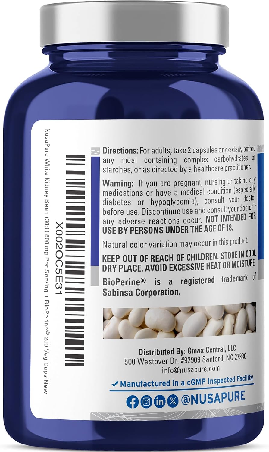 NusaPure Cápsulas de Judías Blancas, 800 mg, 200 Cápsulas Vegetales (Sin OGM, Vegano)