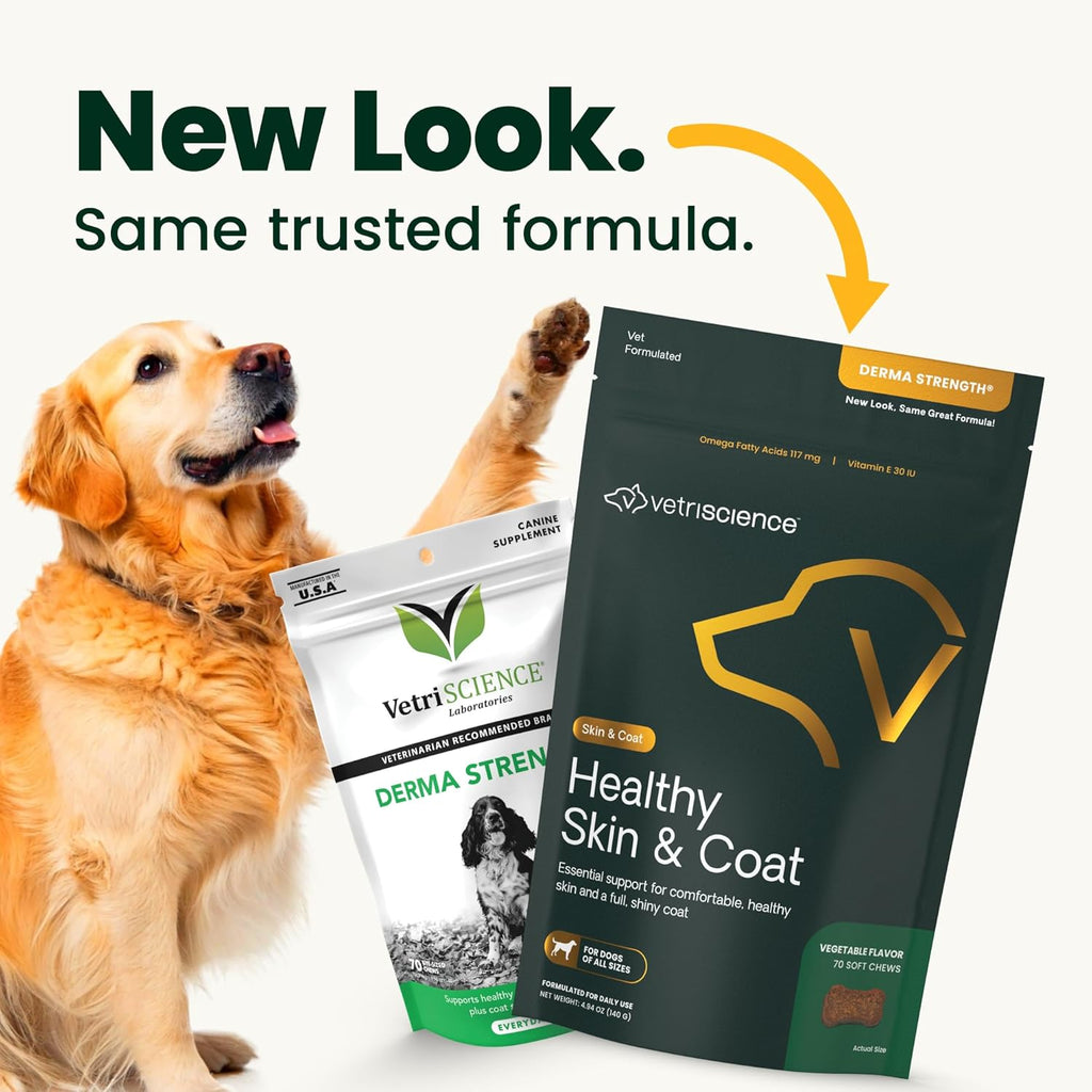 VetriScience Derma Strength Masticables para Piel y Pelo de Perros, con Aceite de Salmón, 70 unidades