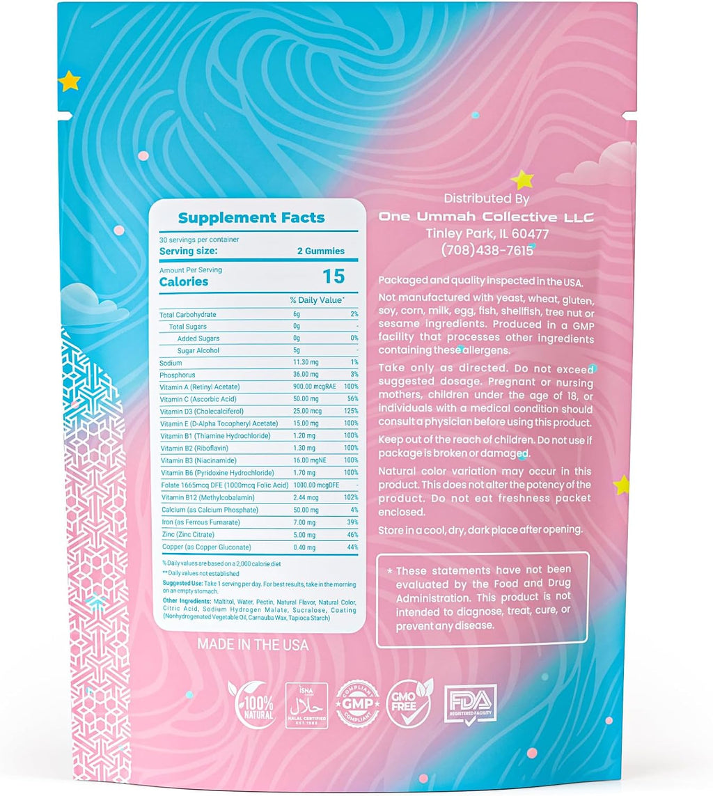Gominolas Prenatales Certificadas Halal con Folato, DHA/EPA Omega-3, Biotina y Zinc - 60 Gominulas sabor Frambuesa y Limonada