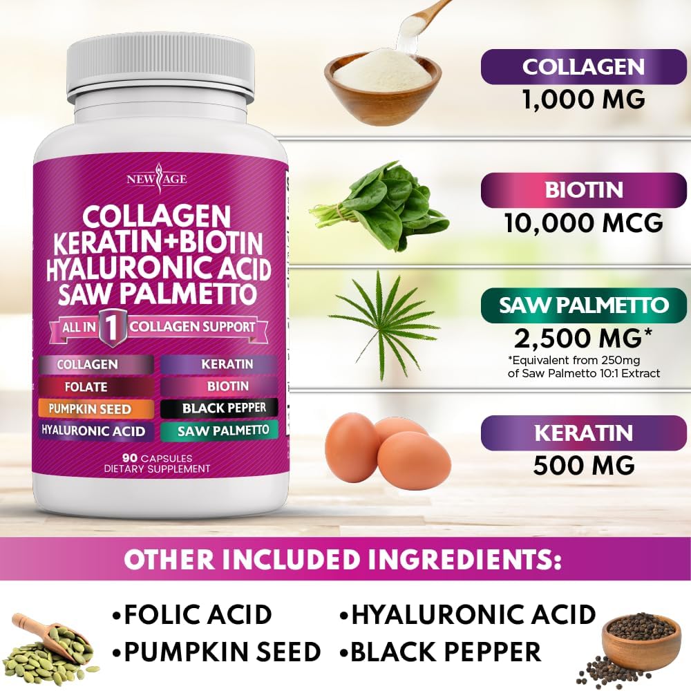 NEW AGE Colágeno con Biotina, Queratina, Saw Palmetto, Ácido Hialurónico, Vitamina E, Ácido Fólico, Semilla de Calabaza y MSM - 270 Cápsulas
