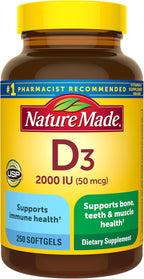 Nature Made Vitamina D3 2000 UI (50 mcg), suplemento para la salud ósea, dental, muscular e inmunológica, 250 cápsulas blandas, suministro para 250 días