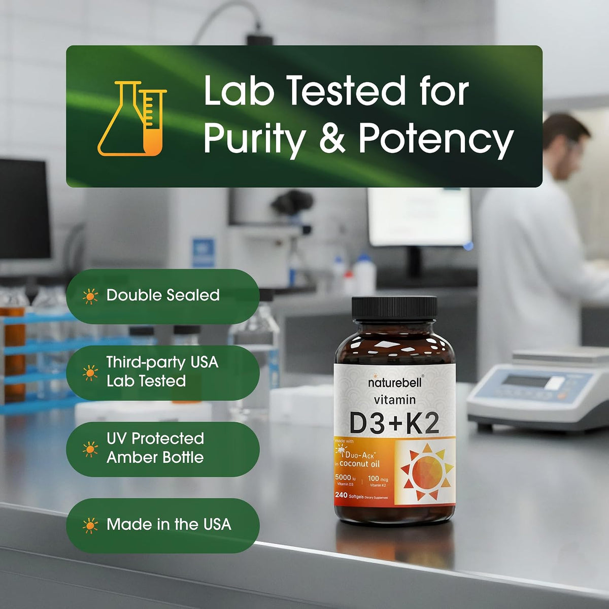NatureBell Vitamina D3 y K2 - 5000 UI D3 + – La vitamina K contribuye a la coagulación sanguínea normal y al – Image 5