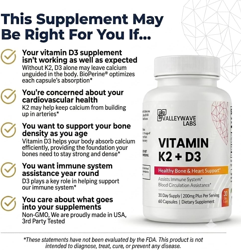 Valleywave Labs Vitamina D3 K2 Cápsulas - 2 en 1 con K2 MK7 100 mcg y D3 5000 UI - 60 Cápsulas