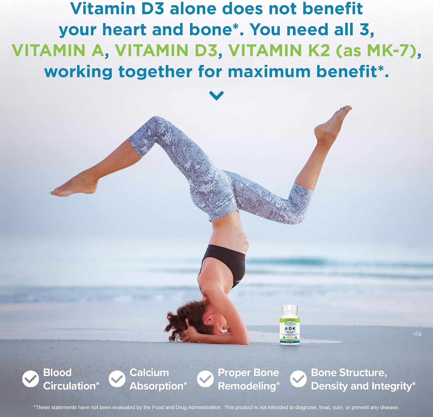 Power By Naturals ADK - Complejo de Vitaminas A, D3 y K2 MK-7 - 120 Cápsulas (2 Envases, 4 Meses)